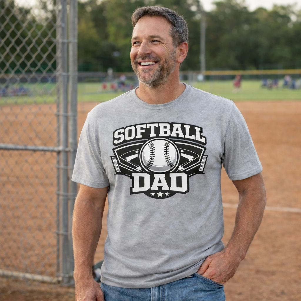 Man wearing a 'SOFTBALL DAD' t-shirt on a baseball field