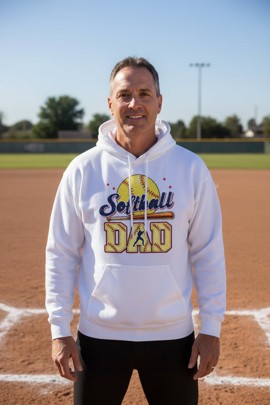 Softball Dad Hoodie Vintage Style Bat and Ball Sports Fan Pride DesignWHITE - SF500 - FRONT