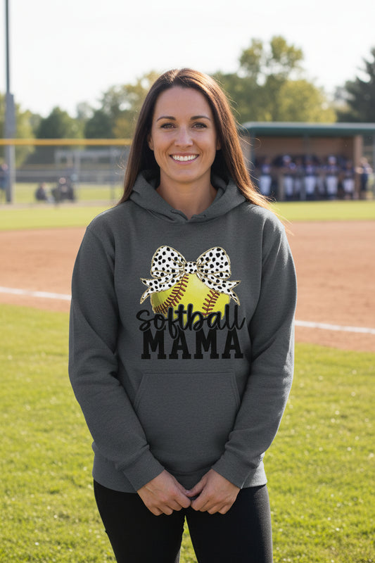 Softball Mama Bow Vibes – Cute & Trendy Game Day Style Hoodie DARK HEATHER - SF500 - FRONT