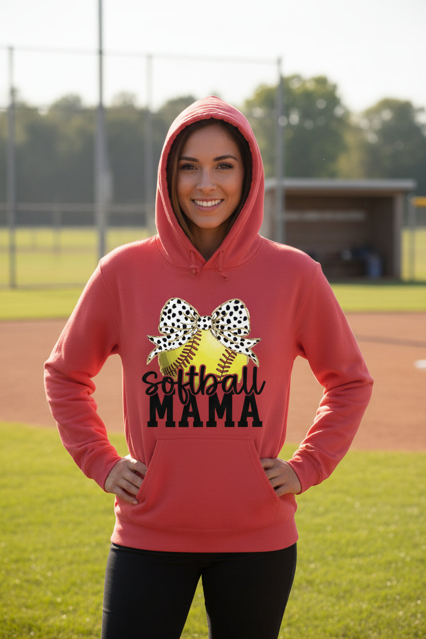 Softball Mama Bow Vibes – Cute & Trendy Game Day Style Hoodie RED - SF500 - FRONT
