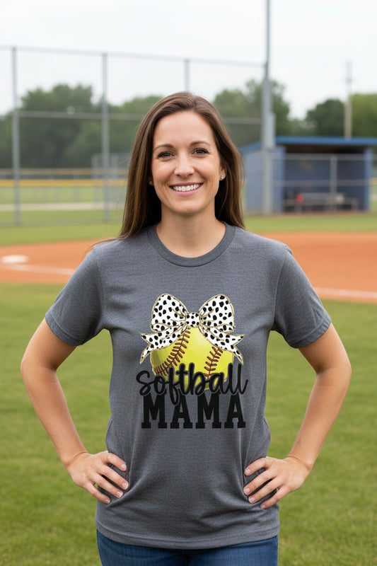 Softball Mama Bow Vibes – Cute & Trendy Game Day Style T-Shirt DRK GREY HEATHER - 6004 - FRONT
