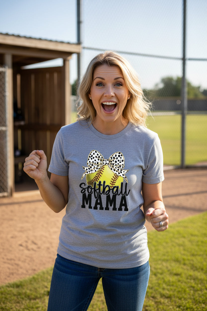 Softball Mama Bow Vibes – Cute & Trendy Game Day Style T-Shirt ATHLETIC HEATHER - 6004 - FRONT