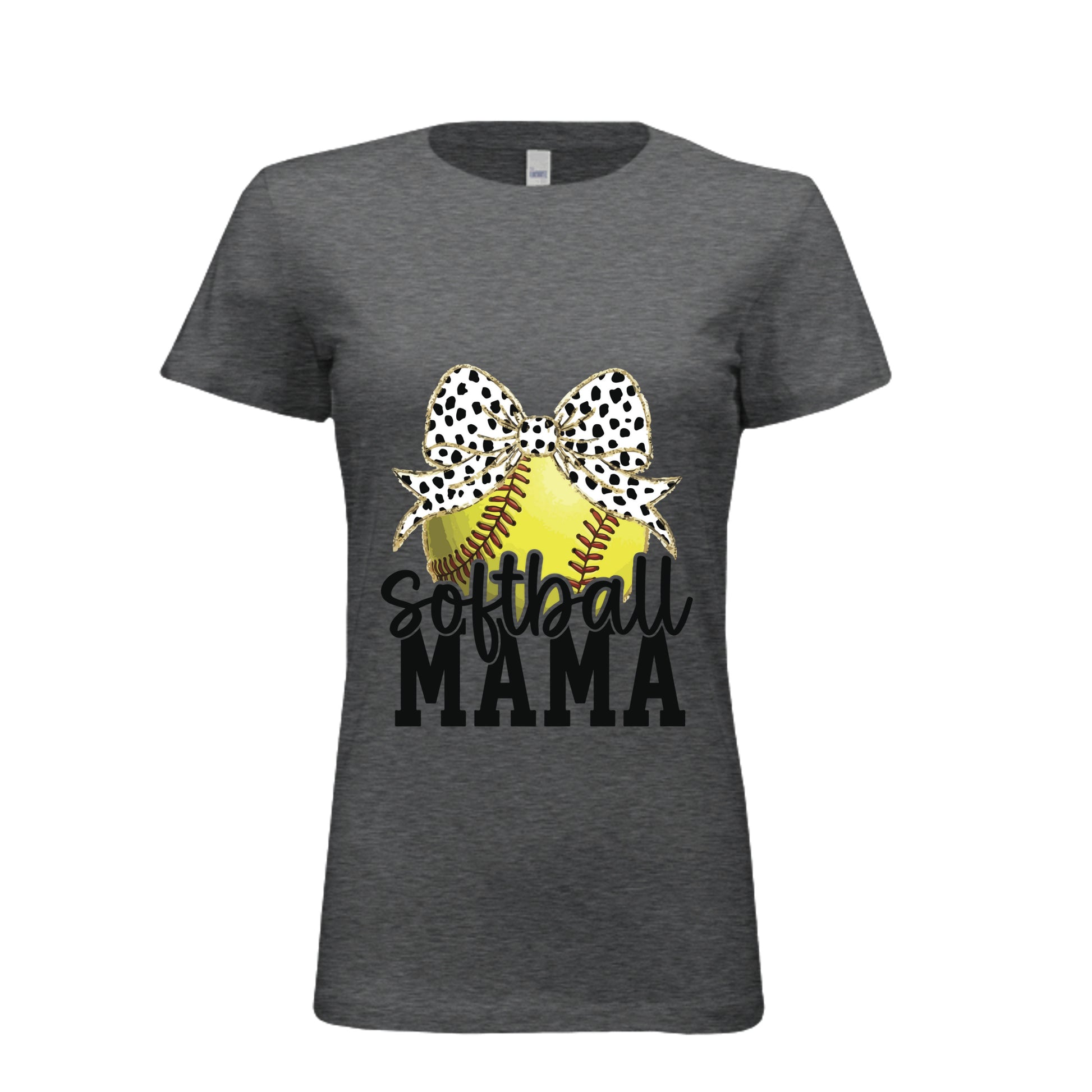 Softball Mama Bow Vibes – Cute & Trendy Game Day Style T-Shirt DRK GREY HEATHER - 6004 - FRONT