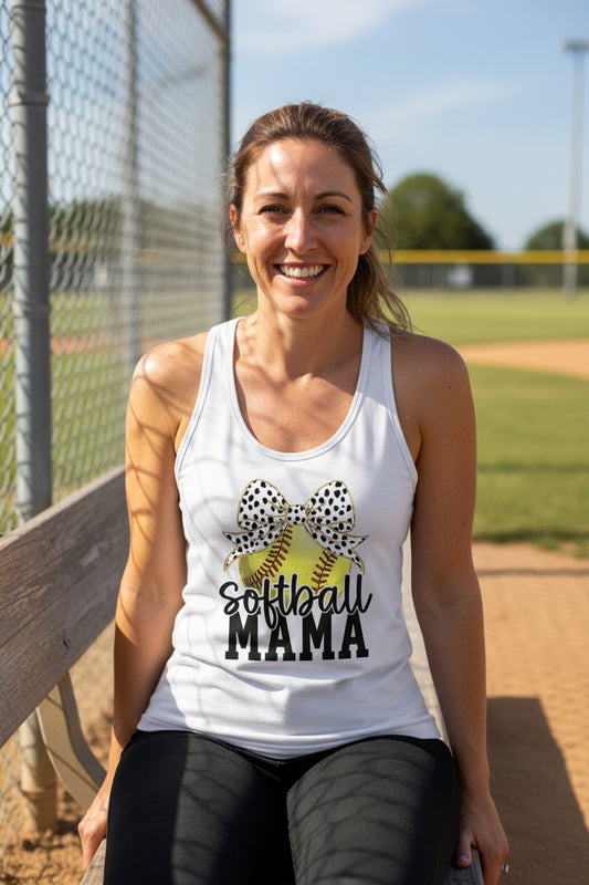 Softball Mama Bow Vibes – Cute & Trendy Game Day Style Tank Top White - N1533 - FRONT
