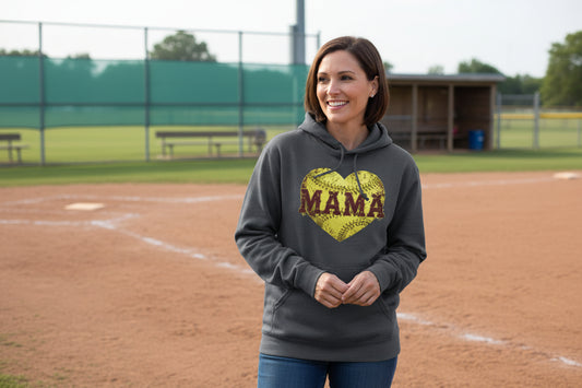 Softball Mama Heart Hoodies - Athletic Pride Mom Spirit DARK HEATHER - FRONT