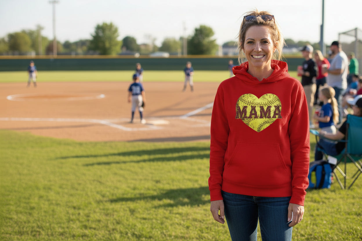Softball Mama Heart Hoodies - Athletic Pride Mom Spirit RED - FRONT