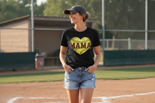 Softball Mama Heart T-Shirt - Athletic Pride Mom Spirit SOLID BLK BLEND -  FRONT