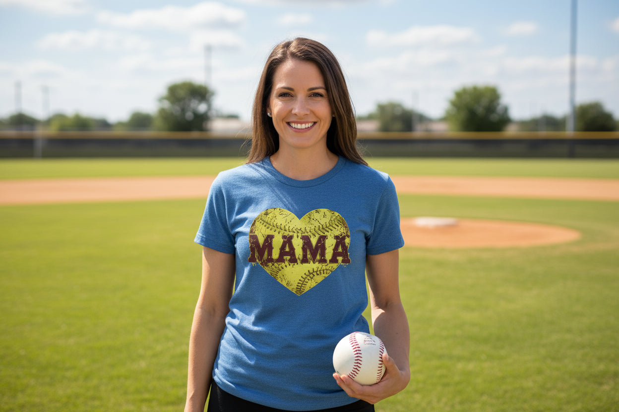 Softball Mama Heart T-Shirt - Athletic Pride Mom Spirit HTHR TRUE ROYAL - FRONT