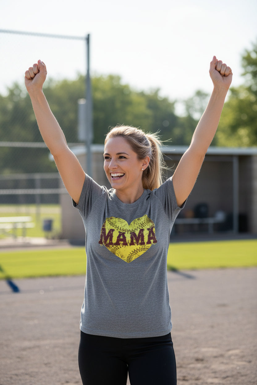 Softball Mama Heart T-Shirt - Athletic Pride Mom Spirit DEEP HEATHER - FRONT