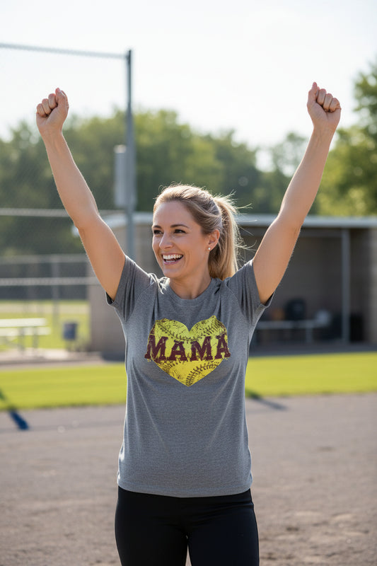 Softball Mama Heart T-Shirt - Athletic Pride Mom Spirit DEEP HEATHER - FRONT