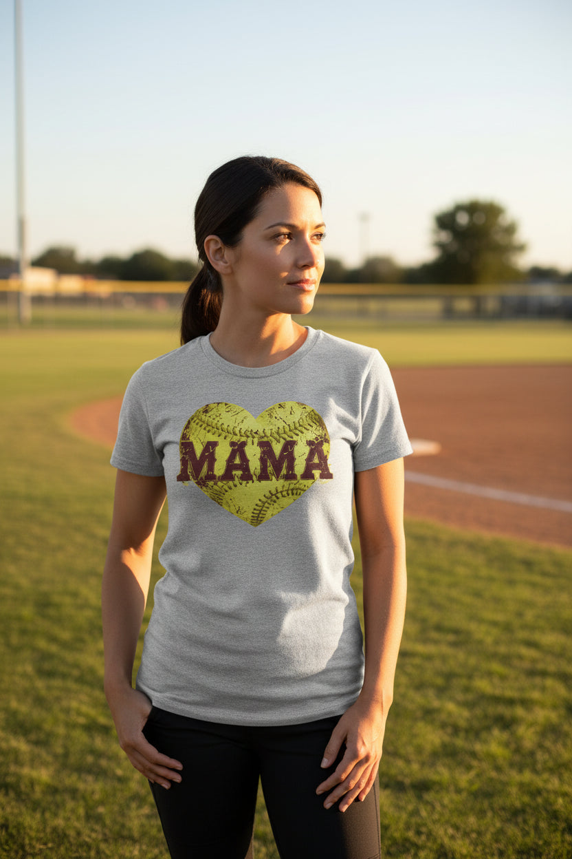 Softball Mama Heart T-Shirt - Athletic Pride Mom Spirit ATHLETIC HEATHER - FRONT