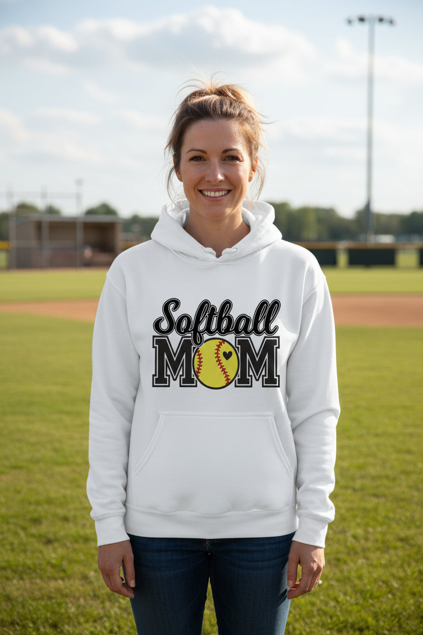 Softball Mom Hoodie with Heart Ball – Game Day Spirit Style WHITE - SF500 - FRONT