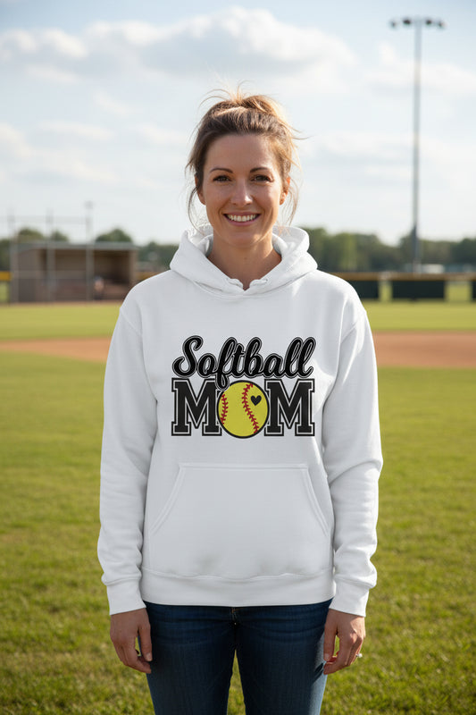 Softball Mom Hoodie with Heart Ball – Game Day Spirit Style WHITE - SF500 - FRONT