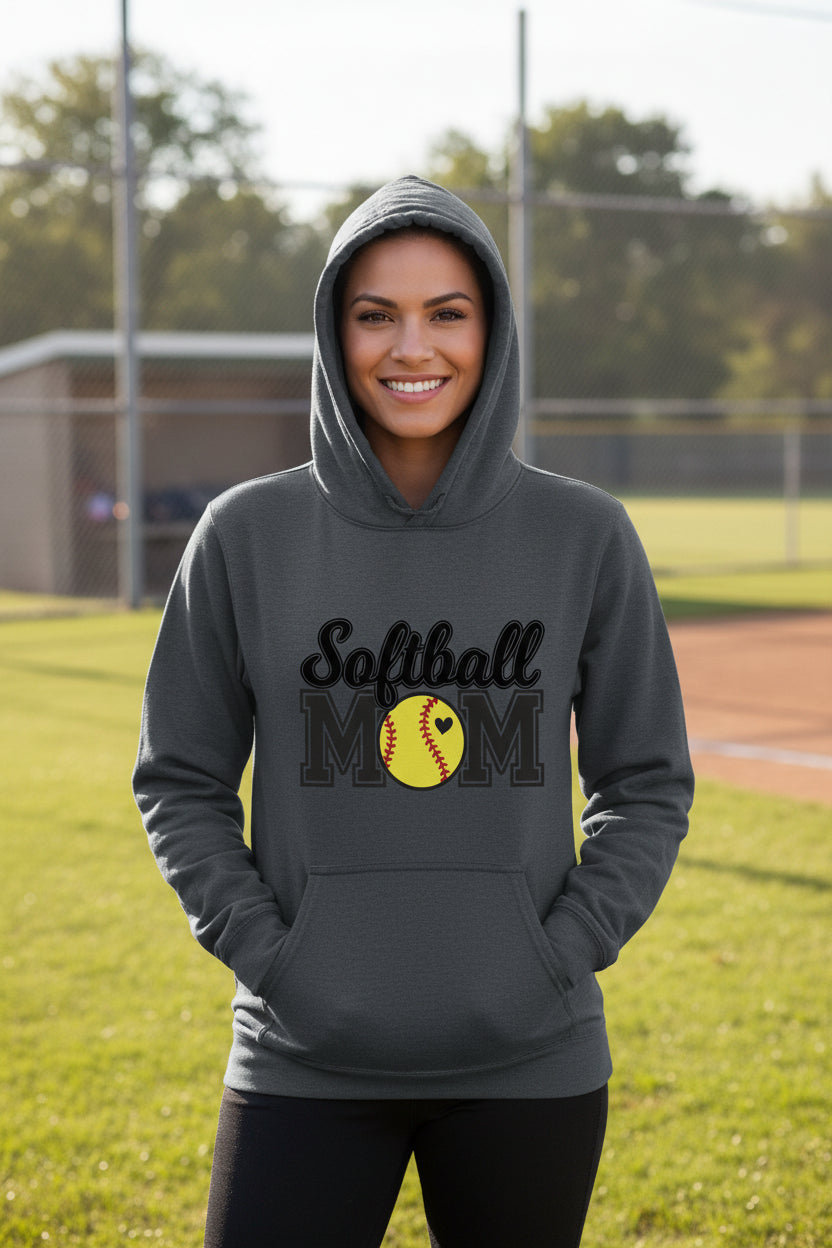 Softball Mom Hoodie with Heart Ball – Game Day Spirit Style DARK HEATHER - SF500 - FRONT
