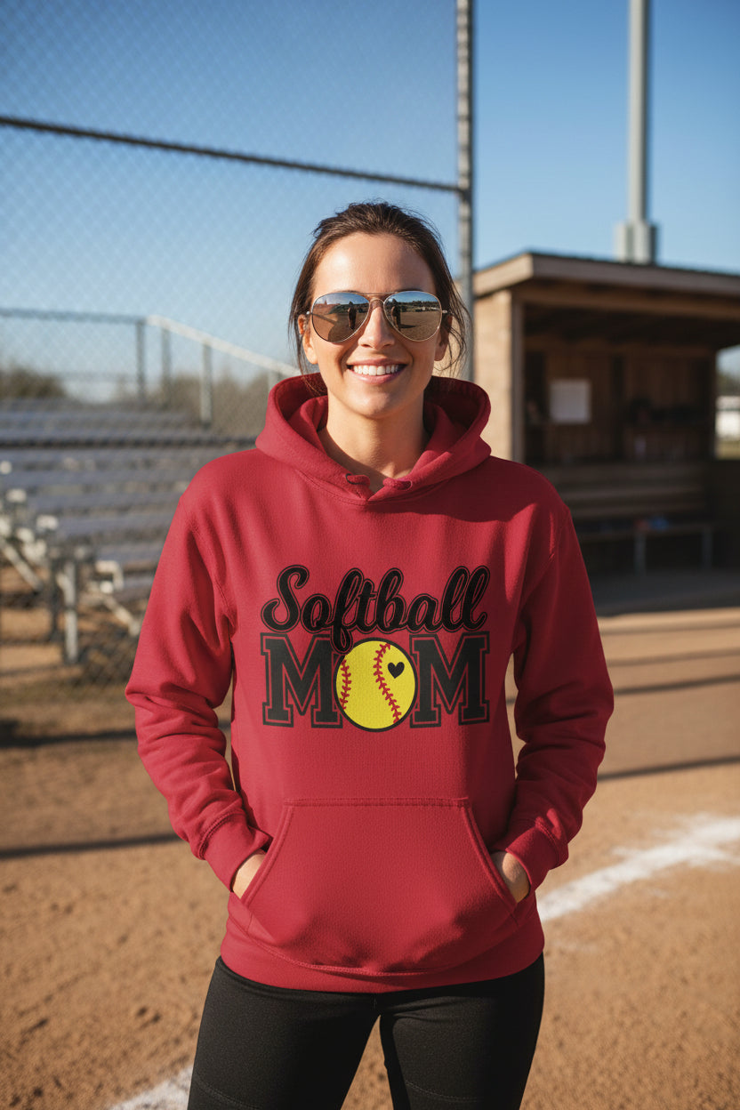 Softball Mom Hoodie with Heart Ball – Game Day Spirit Style RED - SF500 - FRONT