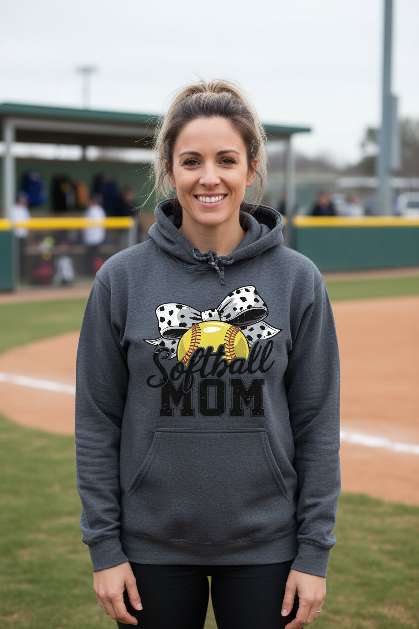 Softball Mom Life – Chic Bow Game Day Statement Hoodie DARK HEATHER - SF500 - FRONT
