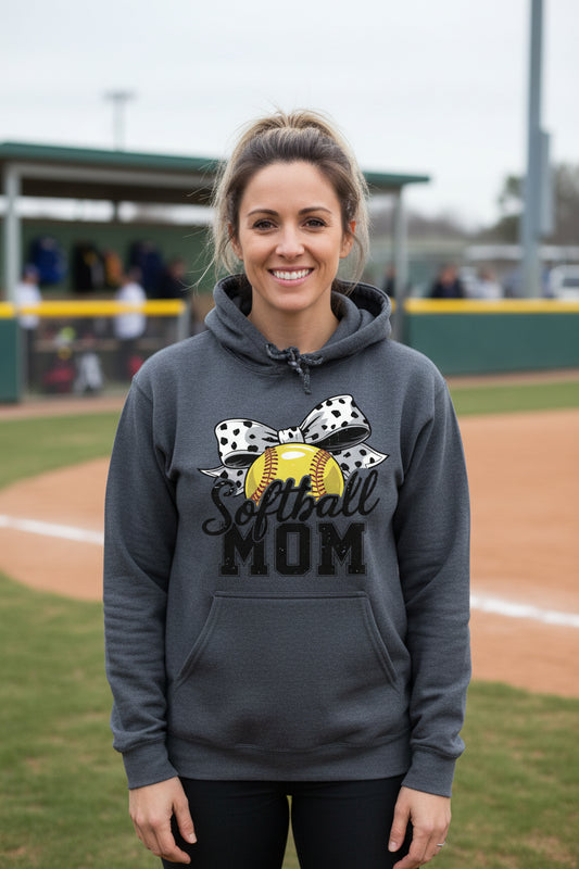 Softball Mom Life – Chic Bow Game Day Statement Hoodie DARK HEATHER - SF500 - FRONT