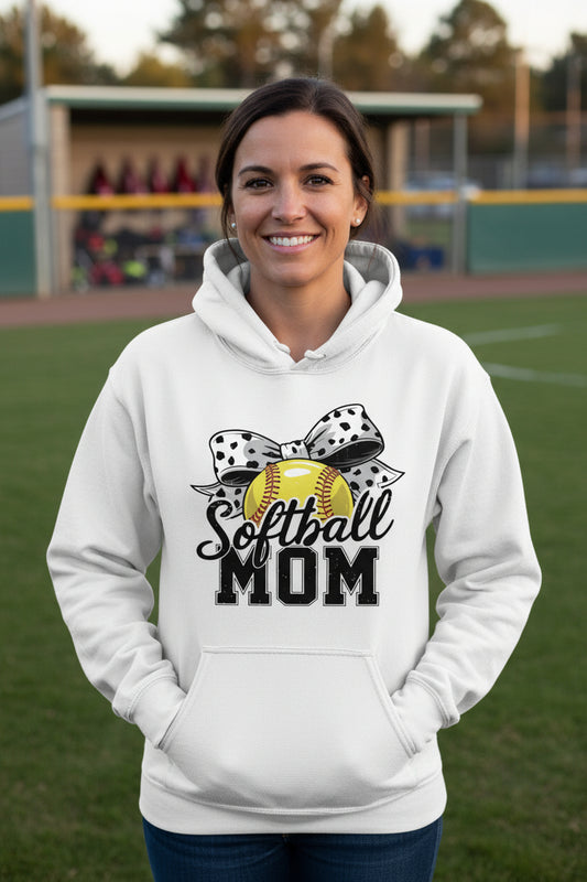 Softball Mom Life – Chic Bow Game Day Statement Hoodie WHITE - SF500 - FRONT
