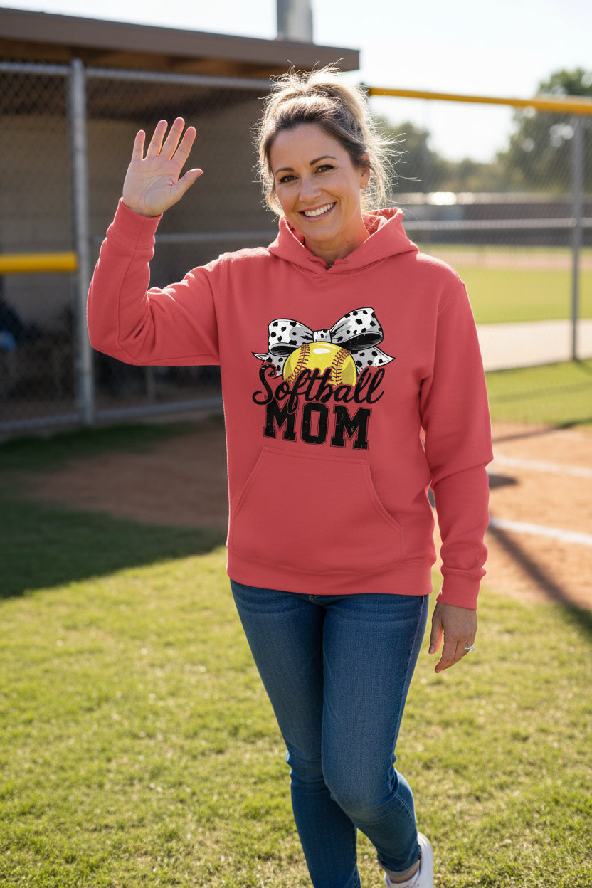 Softball Mom Life – Chic Bow Game Day Statement Hoodie RED - SF500 - FRONT