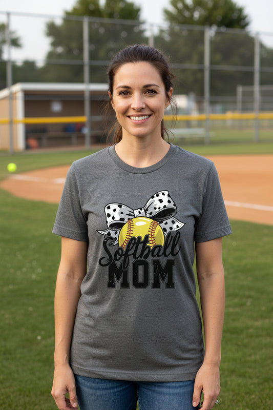 Softball Mom Life – Chic Bow Game Day Statement T-Shirt DRK GREY HEATHER - 6004 - FRONT