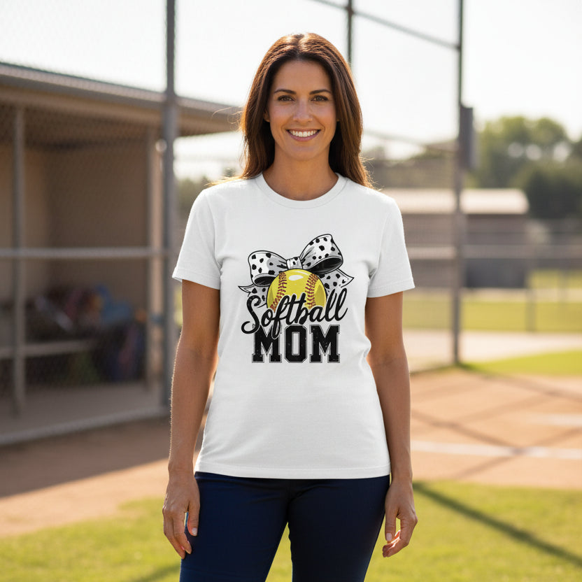 Softball Mom Life – Chic Bow Game Day Statement T-Shirt WHITE - 6004 - FRONT