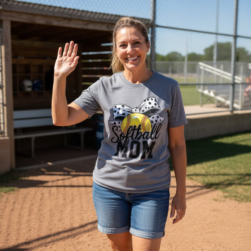 Softball Mom Life – Chic Bow Game Day Statement T-Shirt ATHLETIC HEATHER - 6004 - FRONT