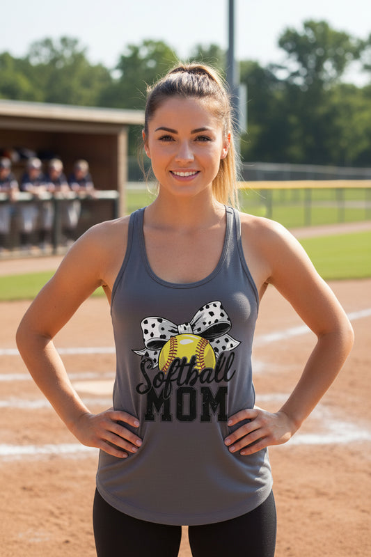 Softball Mom Life – Chic Bow Game Day Statement Tank Top Dark Gray - N1533 - FRONT