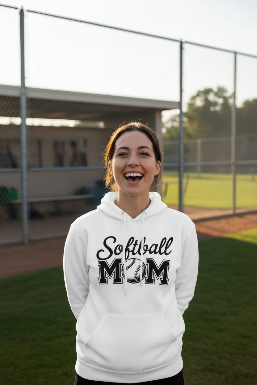 Softball Mom Script Design with Ball Graphic – Game Day Spirit Style Hoodie WHITE - FRONT