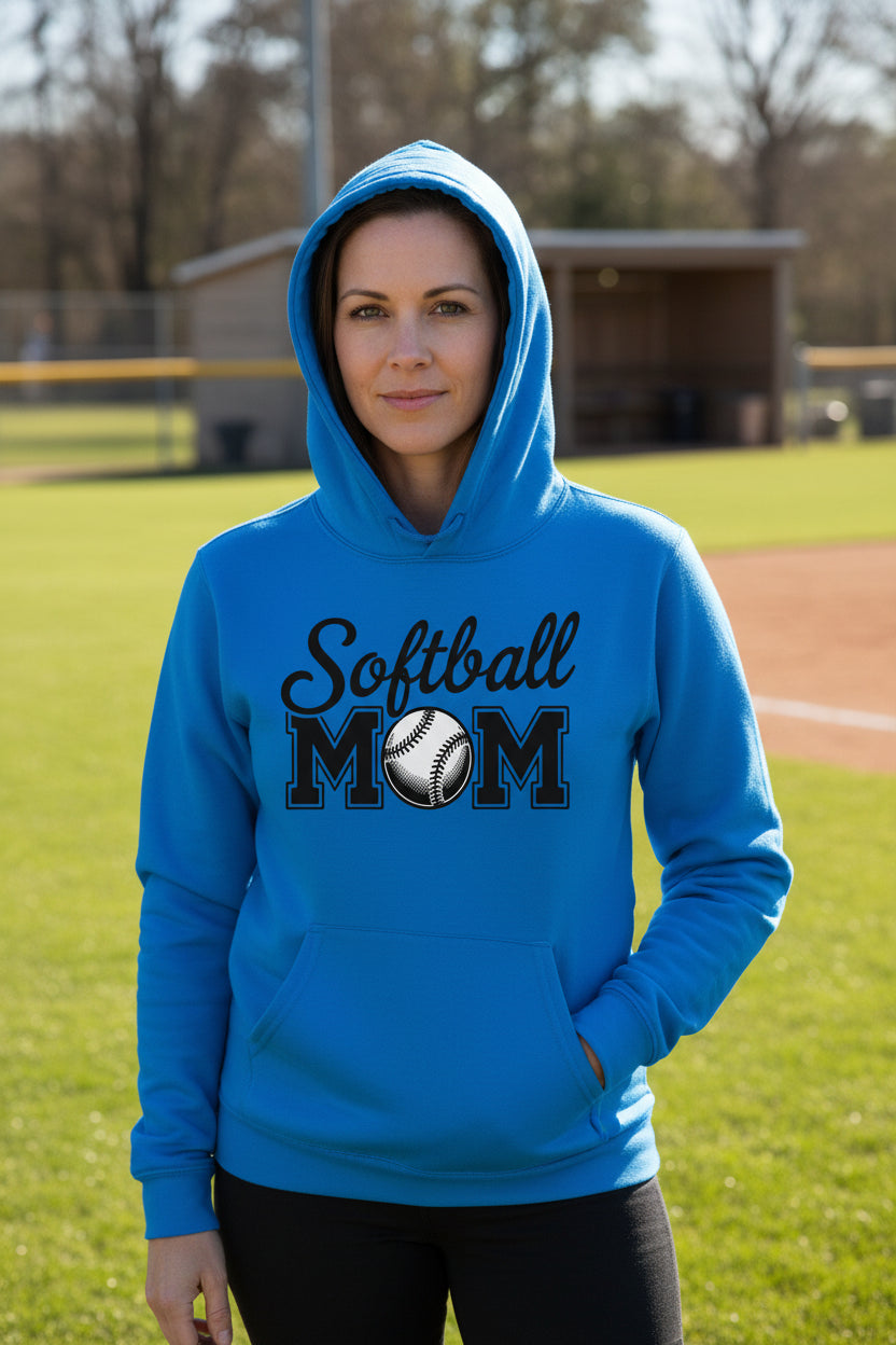 Softball Mom Script Design with Ball Graphic – Game Day Spirit Style Hoodie Royal - FRONT