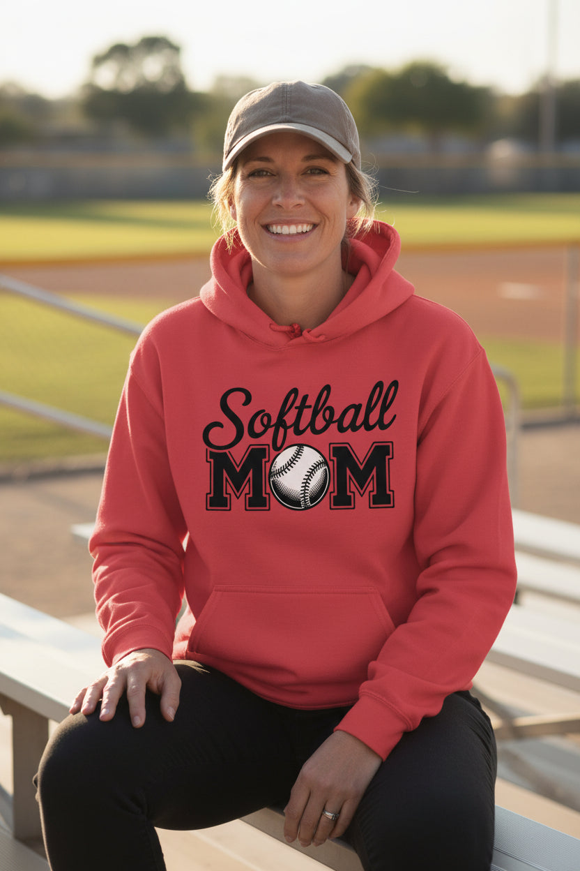 Softball Mom Script Design with Ball Graphic – Game Day Spirit Style Hoodie RED - FRONT