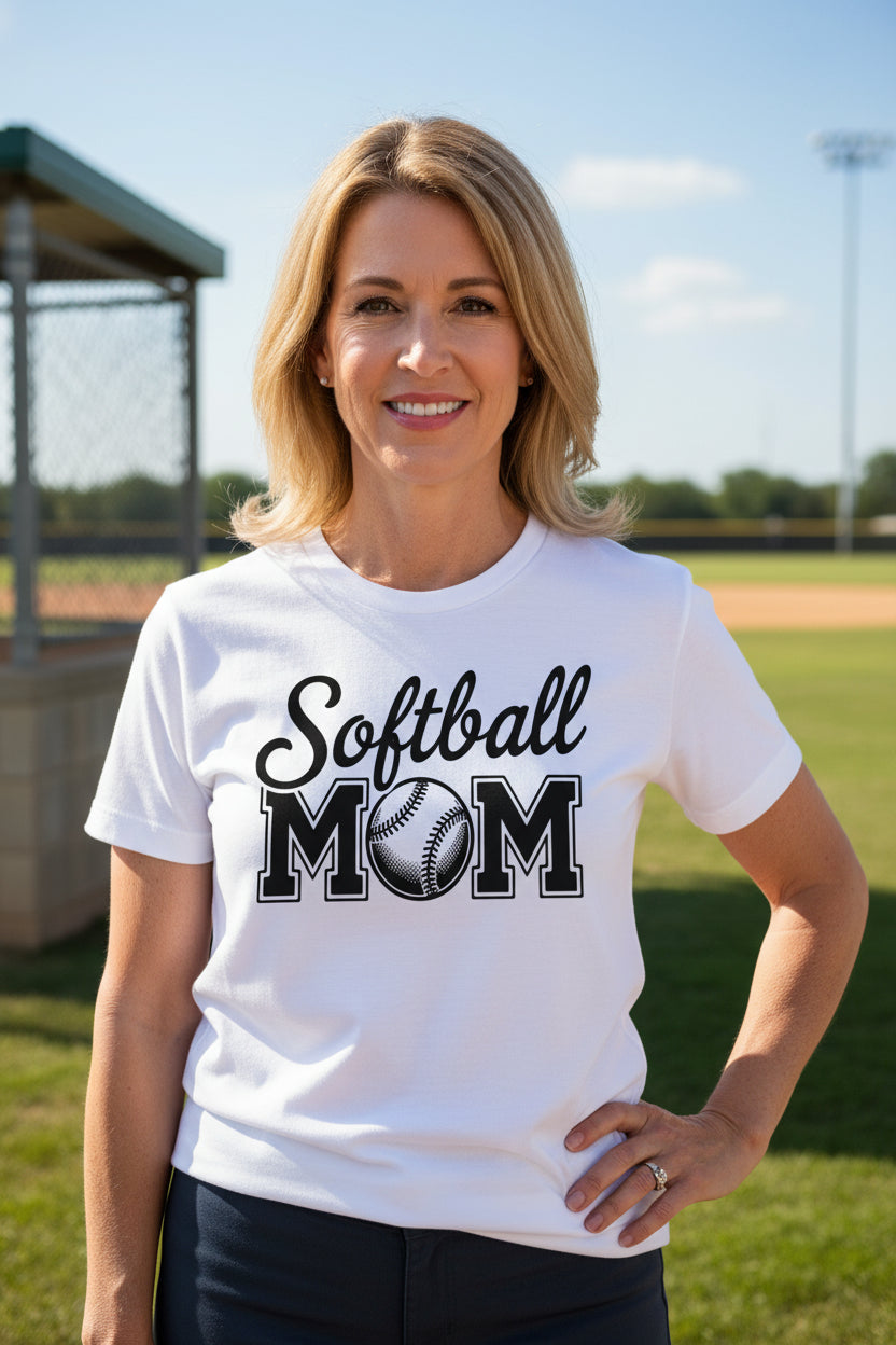 Softball Mom Script Design with Ball Graphic – Game Day Spirit Style T-Shirt WHITE - FRONT