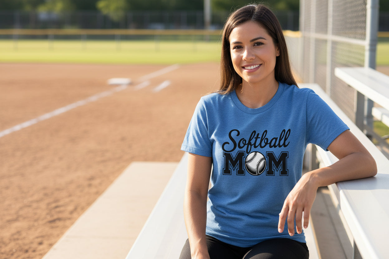 Softball Mom Script Design with Ball Graphic – Game Day Spirit Style T-Shirt HTHR TRUE ROYAL - FRONT