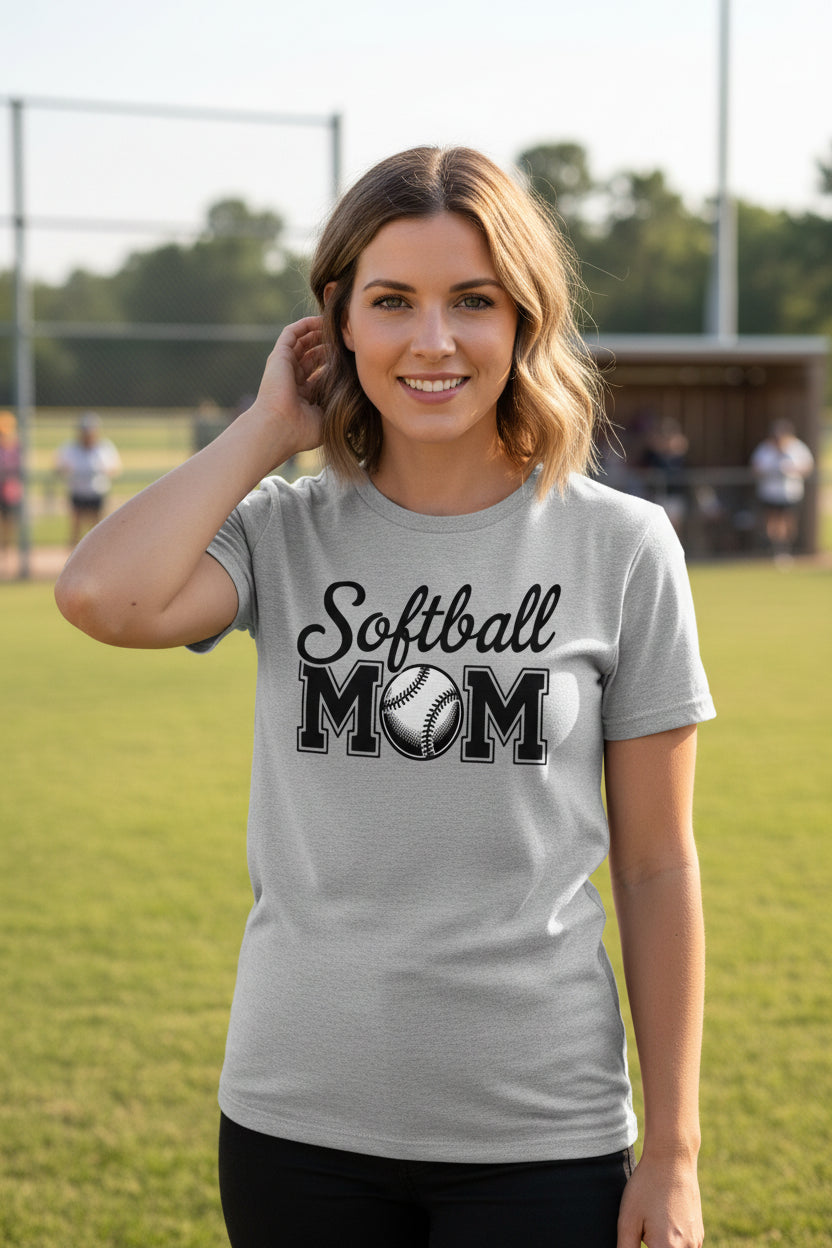 Softball Mom Script Design with Ball Graphic – Game Day Spirit Style T-Shirt ATHLETIC HEATHER - FRONT