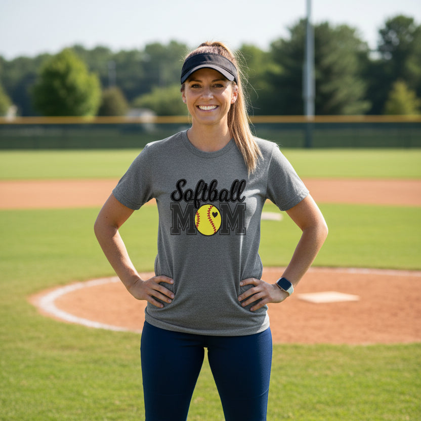 Softball Mom T-Shirt with Heart Ball – Game Day Spirit Style DRK GREY HEATHER - 6004 - FRONT