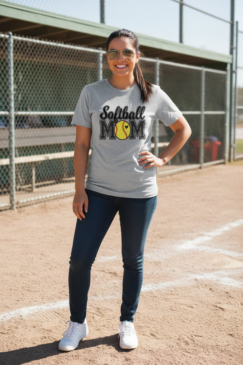 Softball Mom T-Shirt with Heart Ball – Game Day Spirit Style ATHLETIC HEATHER - 6004 - FRONT