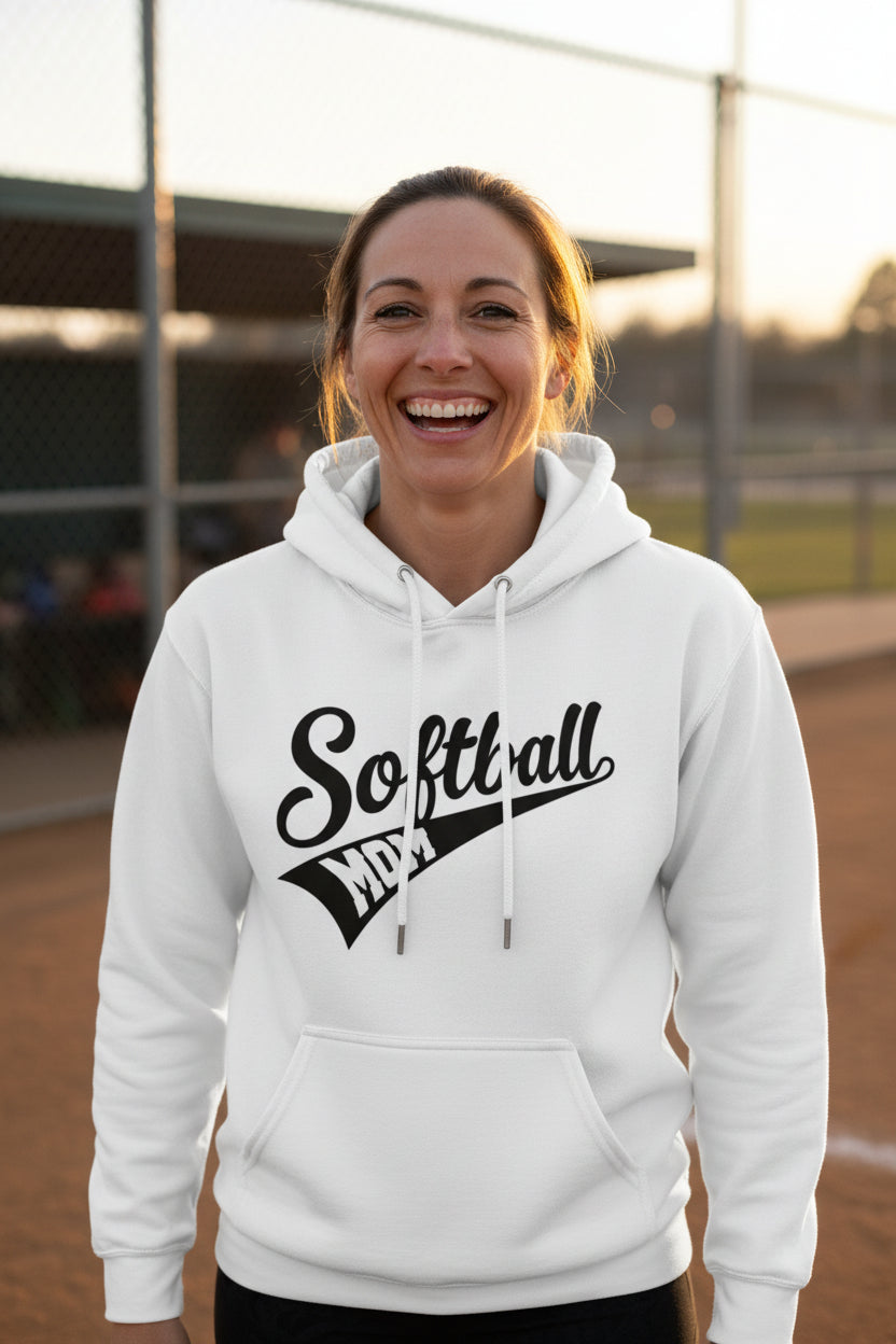 Softball Mom Vibes – Stylish Sports Parent Pride Statement Hoodie WHITE - FRONT