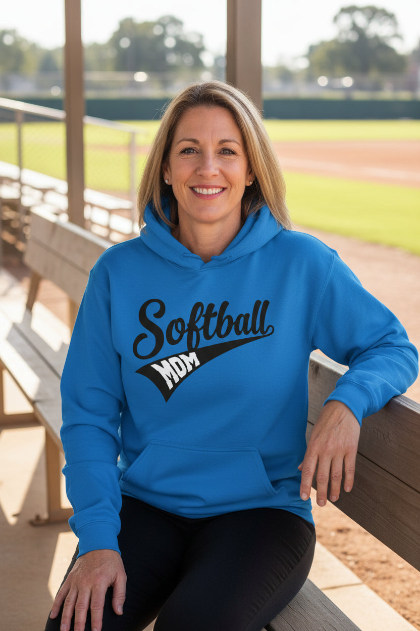 Softball Mom Vibes – Stylish Sports Parent Pride Statement Hoodie Royal - FRONT