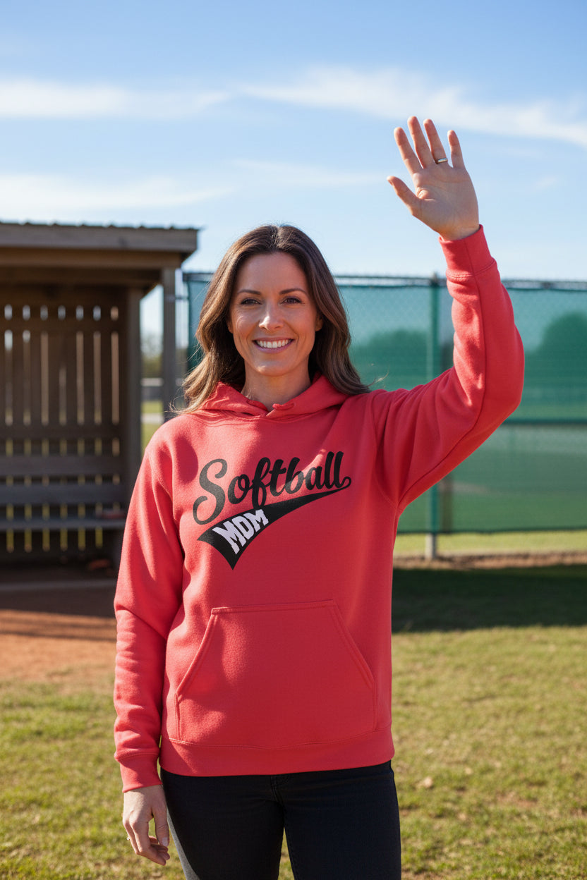 Softball Mom Vibes – Stylish Sports Parent Pride Statement Hoodie RED - FRONT