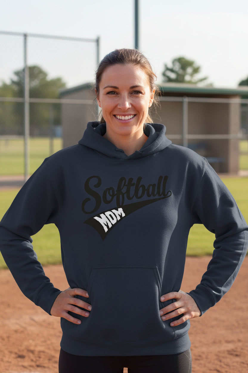 Softball Mom Vibes – Stylish Sports Parent Pride Statement Hoodie NAVY - FRONT