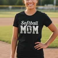 Softball Mom Vintage T-Shirt Design with Batter Silhouette Action Graphic BLACK- FRONT