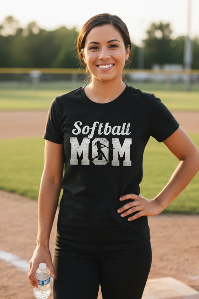Softball Mom Vintage T-Shirt Design with Batter Silhouette Action Graphic BLACK- FRONT