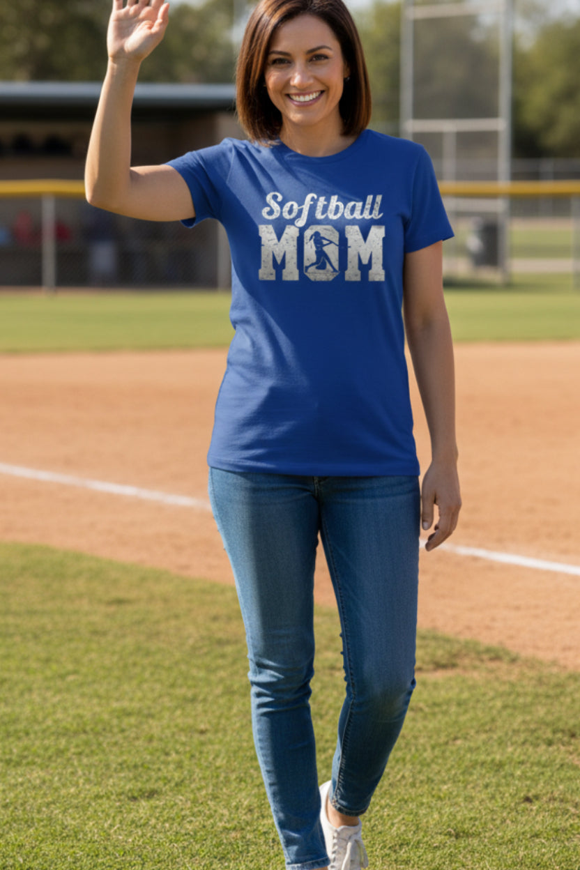 Softball Mom Vintage T-Shirt Design with Batter Silhouette Action Graphic TRUE ROYAL - FRONT
