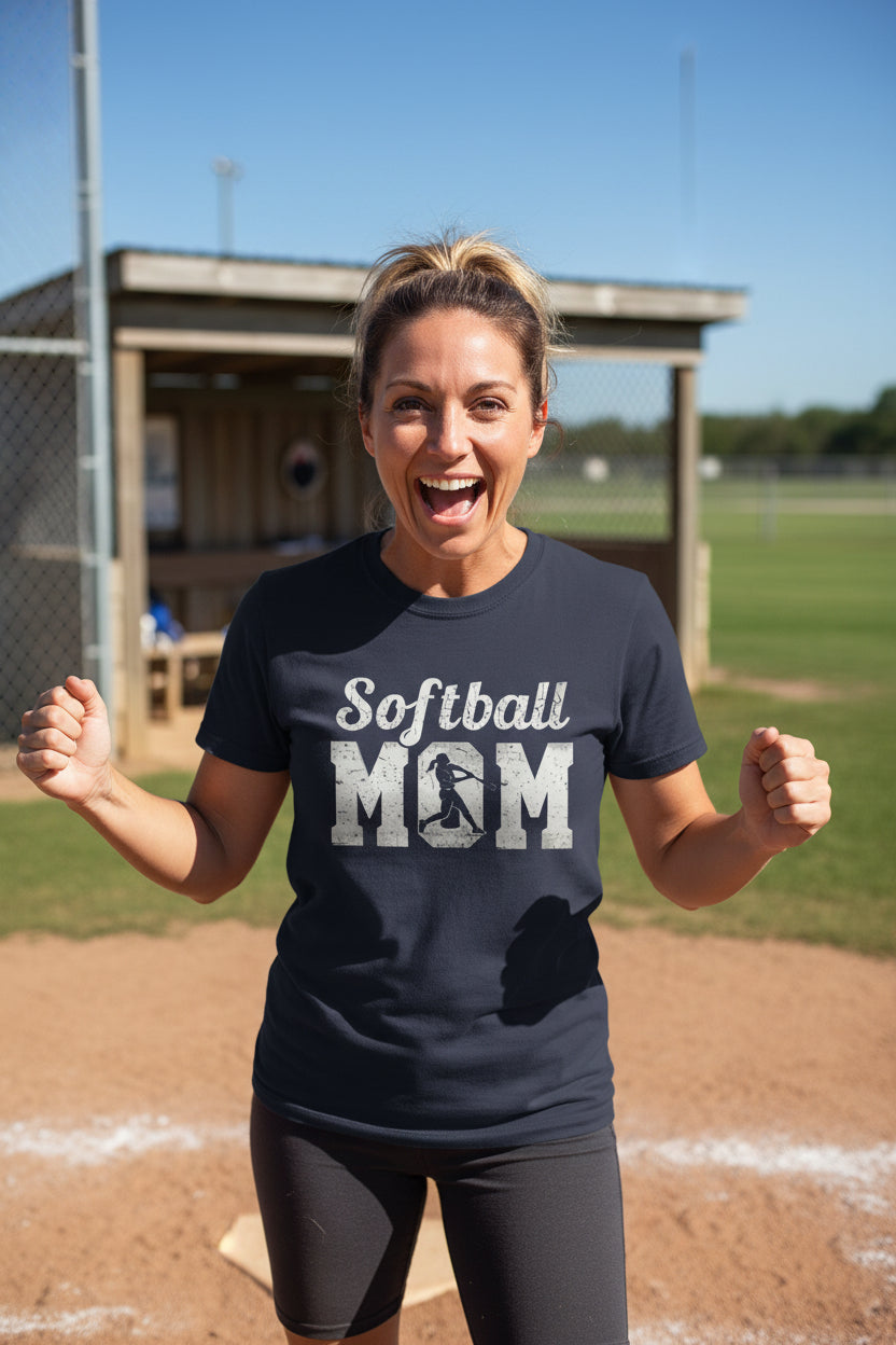Softball Mom Vintage T-Shirt Design with Batter Silhouette Action Graphic NAVY - FRONT