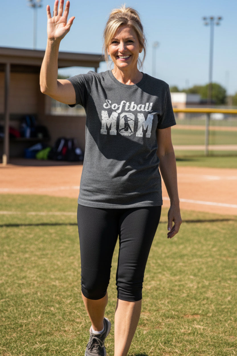 Softball Mom Vintage T-Shirt Design with Batter Silhouette Action Graphic DRK GREY HEATHER - FRONT