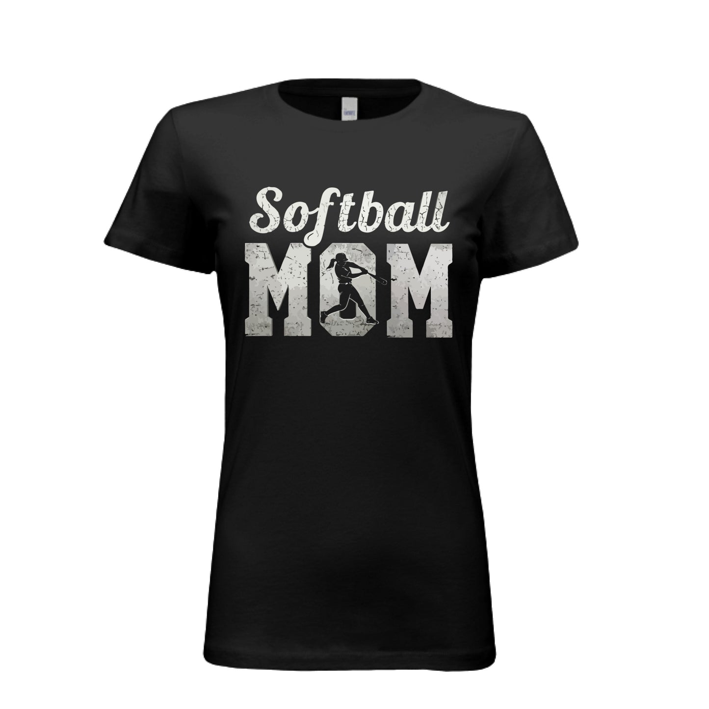 Softball Mom Vintage T-Shirt Design with Batter Silhouette Action Graphic BLACK - FRONT