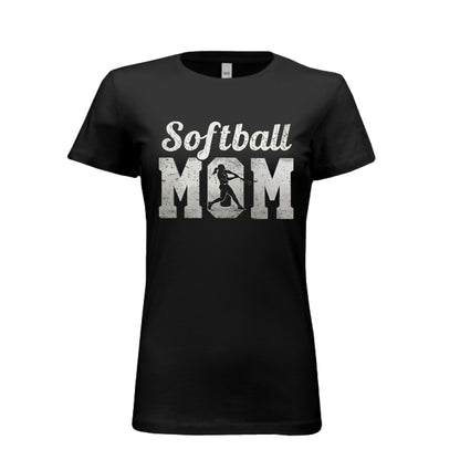 Softball Mom Vintage T-Shirt Design with Batter Silhouette Action Graphic BLACK - FRONT