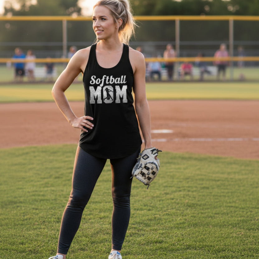Softball Mom Vintage Tank Top Design with Batter Silhouette Action Graphic Black - FRONT