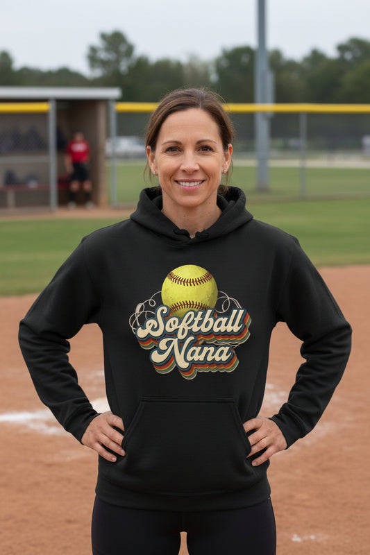 Softball Nana Groovy Retro Sports Family Fan Hoodie BLACK - SF500 - FRONT
