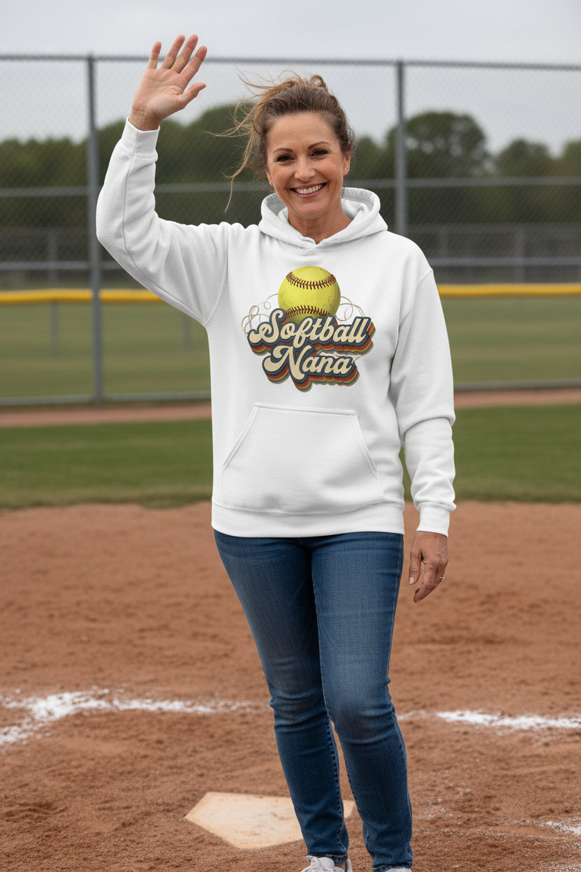 Softball Nana Groovy Retro Sports Family Fan Hoodie WHITE - SF500 - FRONT