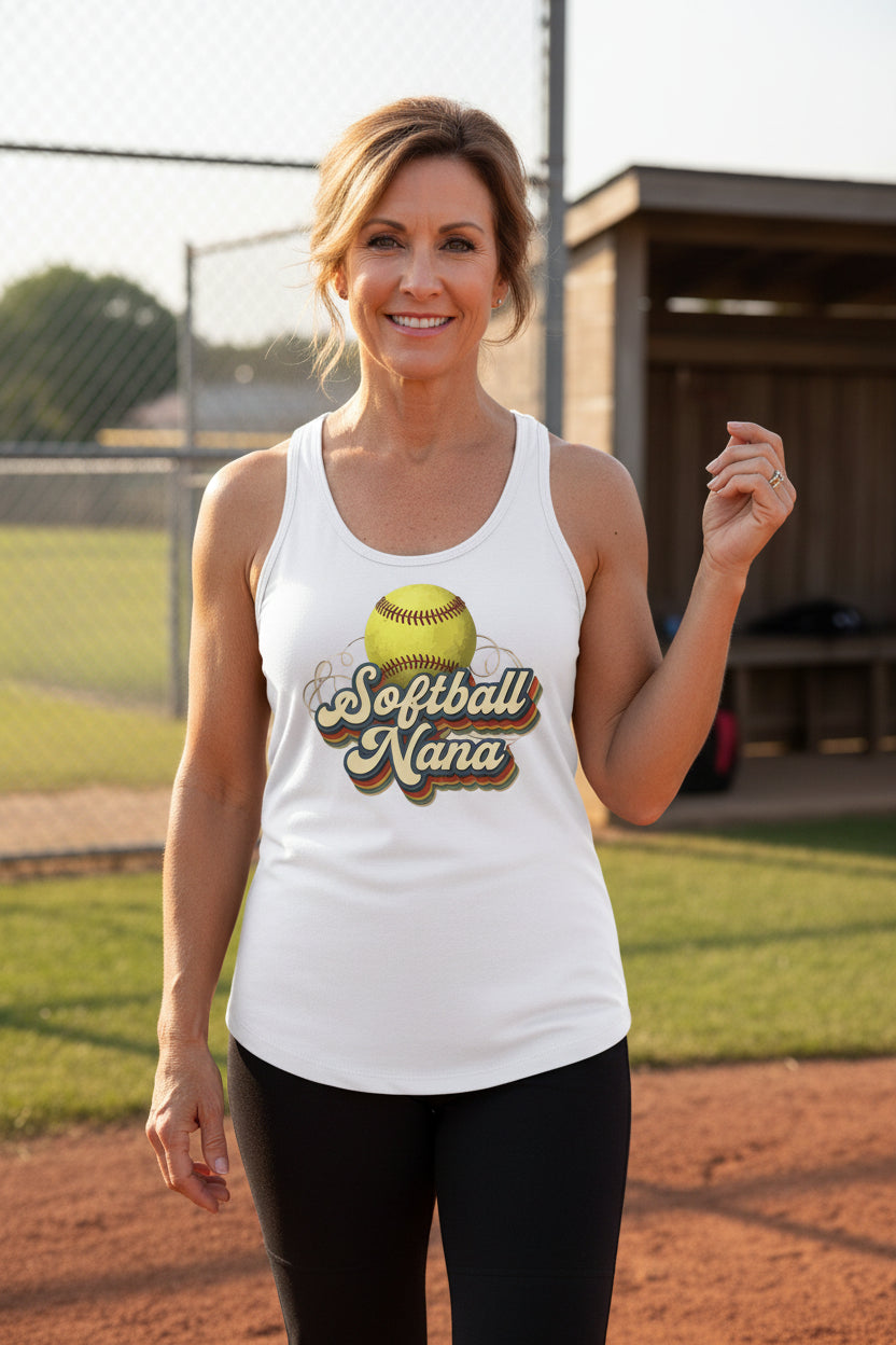 Softball Nana Groovy Retro Sports Family Fan Tank Top White - N1533 - FRONT